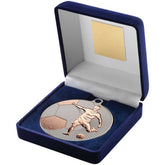 BLUE VELVET BOX AND 70mm FOOTBALL MEDAL TROPHY MATT SILVER/BRONZE - 4in